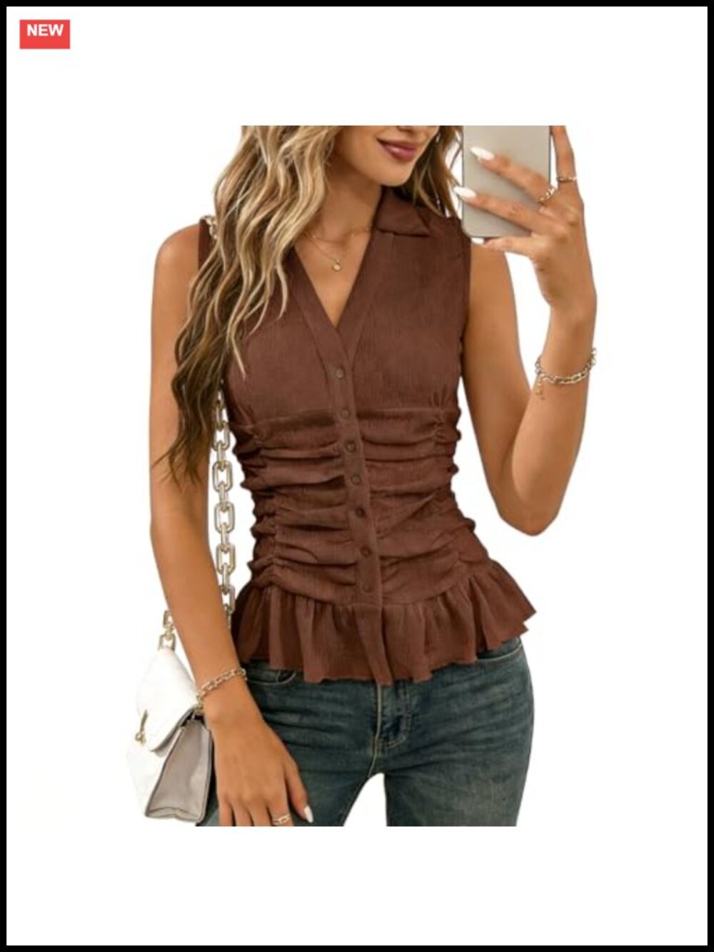 Women Sleeveless V Neck Button Down Ruffle Peplum Tank Top Blouse